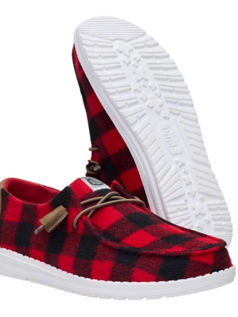 Hey Dude Women’s Red and Black Buffalo Plaid Slip-On Loafers Size 8 New In Box